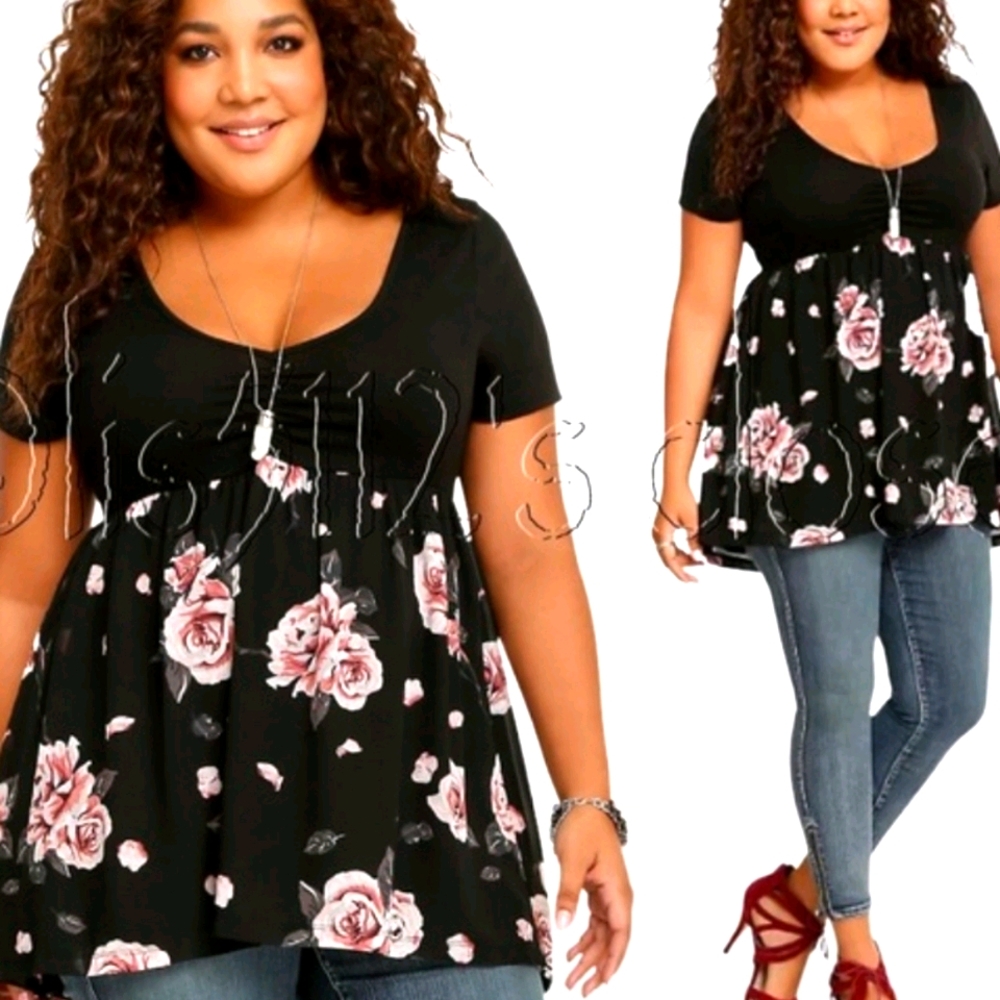 Black and Blush Prink Rose Babydoll Top